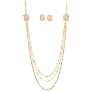 Peachy & Layered Gold Tone Necklace + Earrings Set